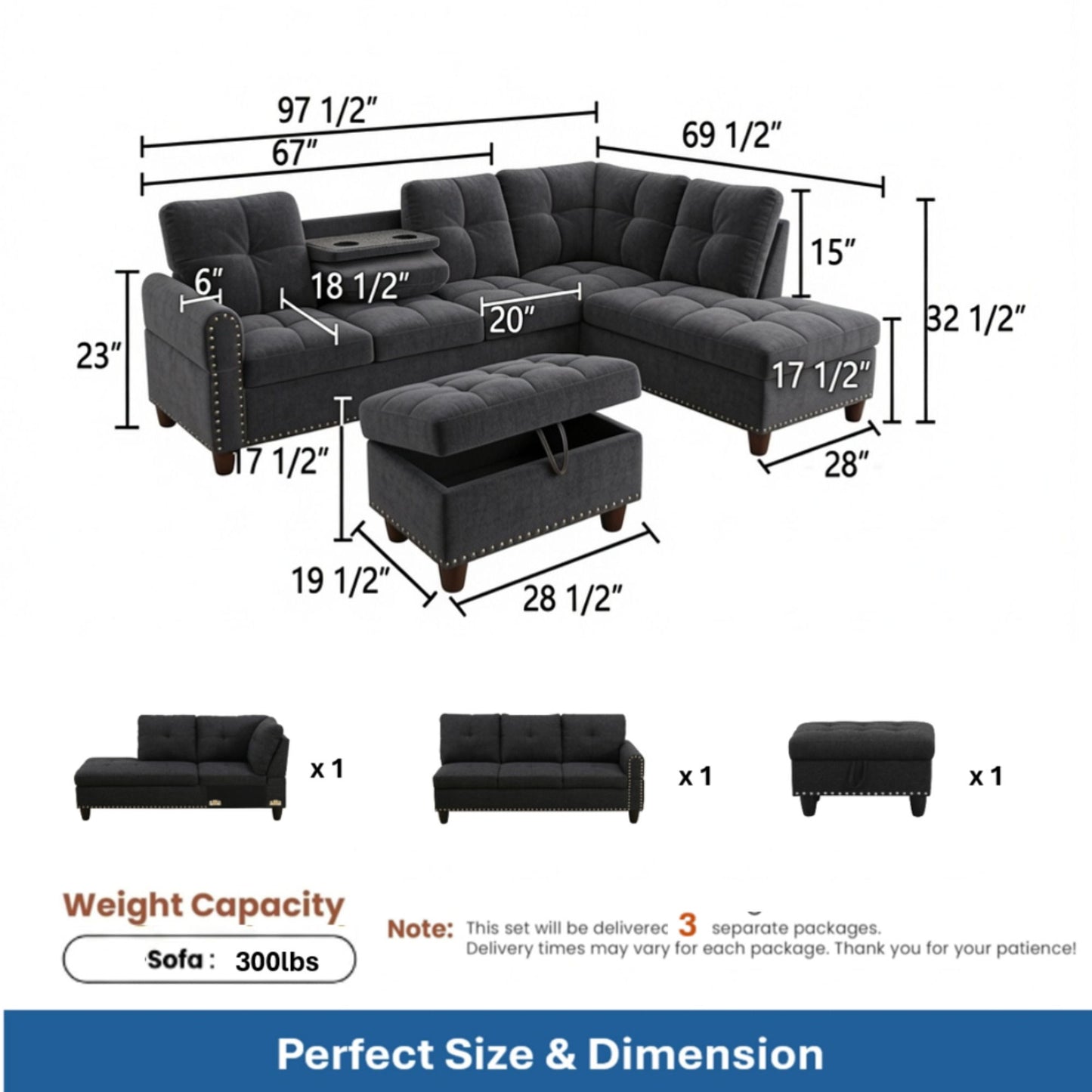 L - Shaped 3 Piece Sectional Sofa With Chaise, Storage Ottoman & Cup Holders