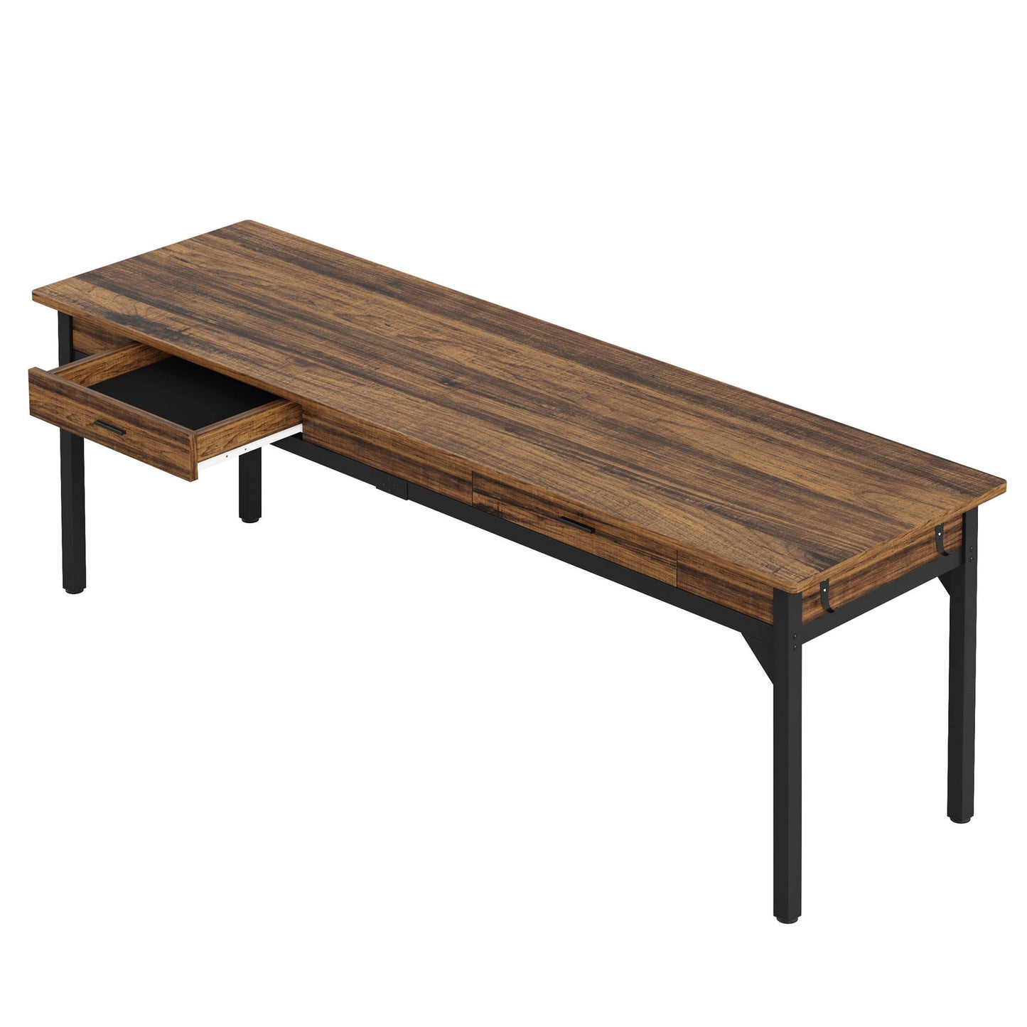 Double Office Desk For 2 With Frame, Long Workstation With 2 Drawers And Hooks - Brown / Black