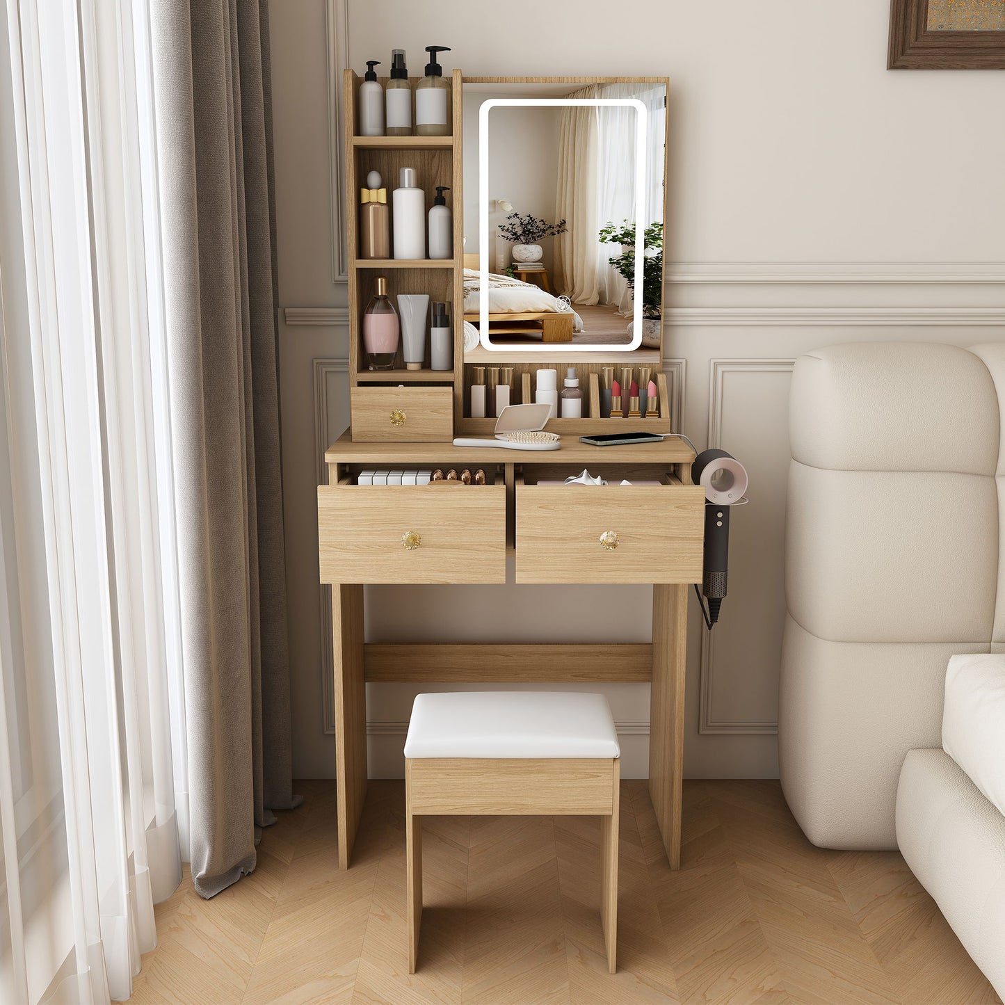 Small Vanity Desk With 3 LED Lighting Modes, 3 Drawers, Hair Dryer Holder, Power Socket, And Dressing Chair - Natural Walnut