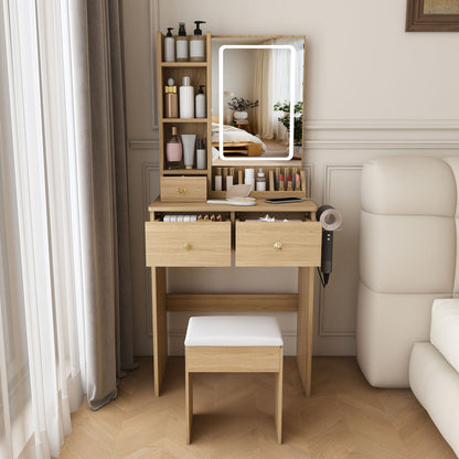 Small Vanity Desk With 3 LED Lighting Modes, 3 Drawers, Hair Dryer Holder, Power Socket, And Dressing Chair - Natural Walnut