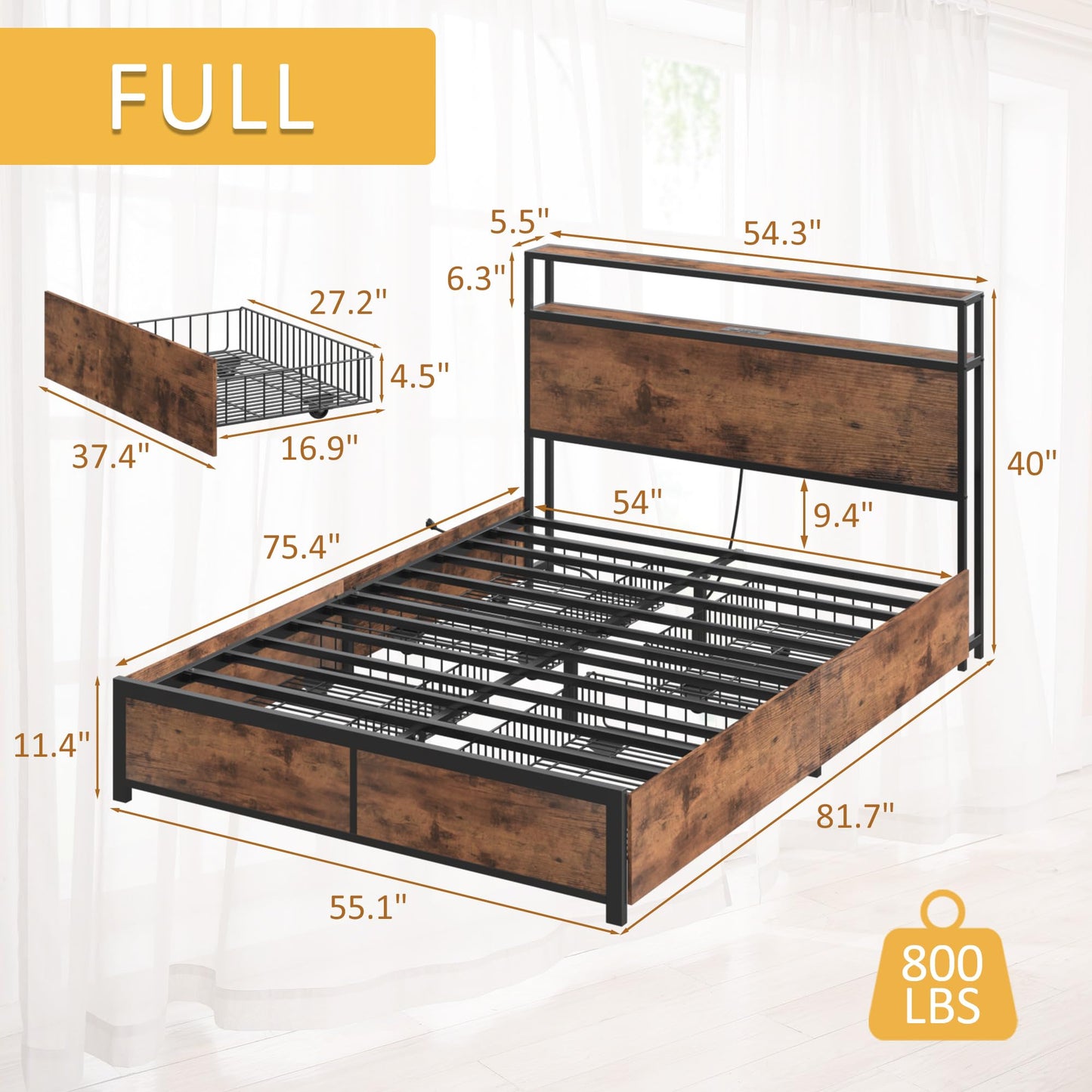 Lifezone Queen Bed Frame with 2-Tier Storage Headboard, Metal Platform Bed Frame with 4 Storage Drawers, Built in Charging Station & LED, Noise-Free/Metal Support/No Box Spring Needed, Vintage Brown