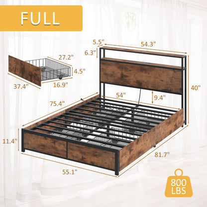 Lifezone Queen Bed Frame with 2-Tier Storage Headboard, Metal Platform Bed Frame with 4 Storage Drawers, Built in Charging Station & LED, Noise-Free/Metal Support/No Box Spring Needed, Vintage Brown