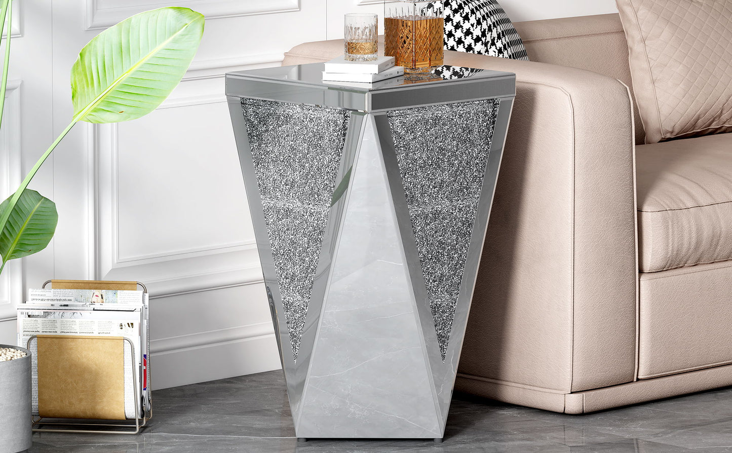 Square Mirrored End Table, Modern Side Table With Crushed Diamond For Living Room - Silver