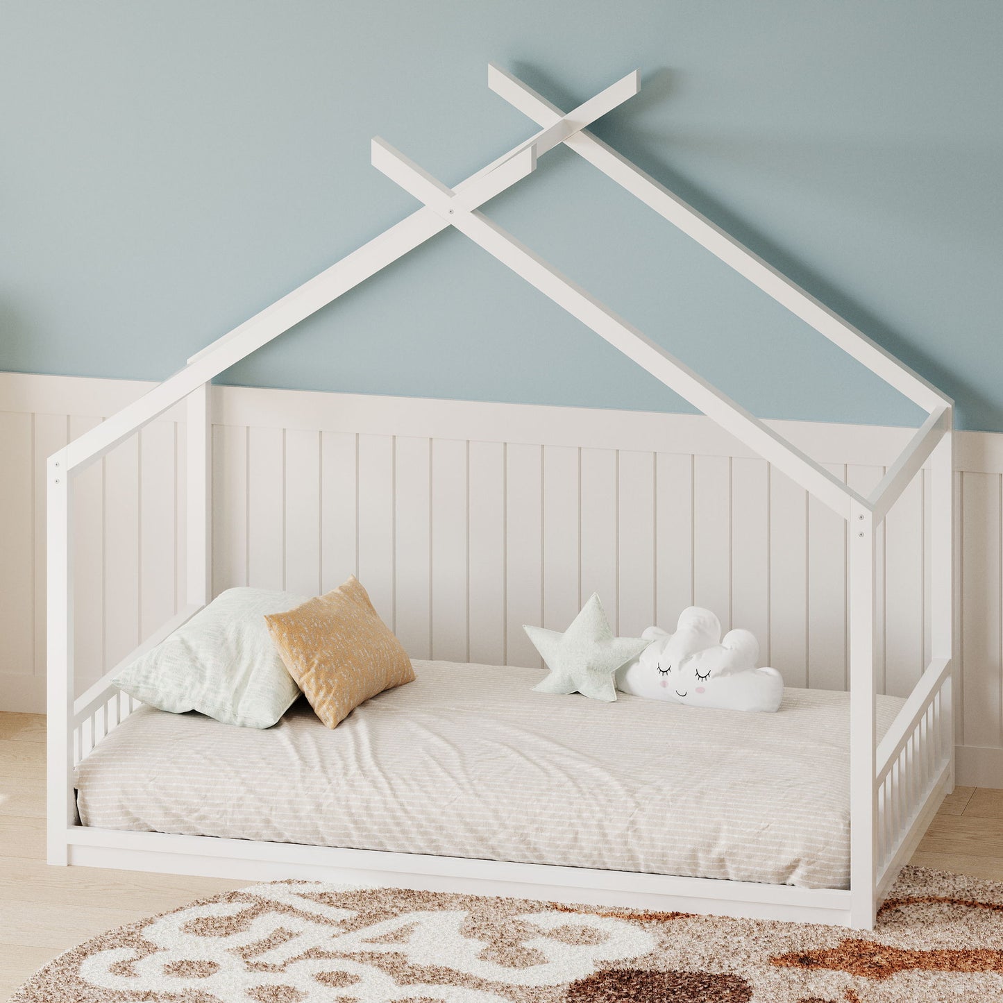 Montessori Style House Bed For Kids, Floor Bed Frame With Headboard And Footboard