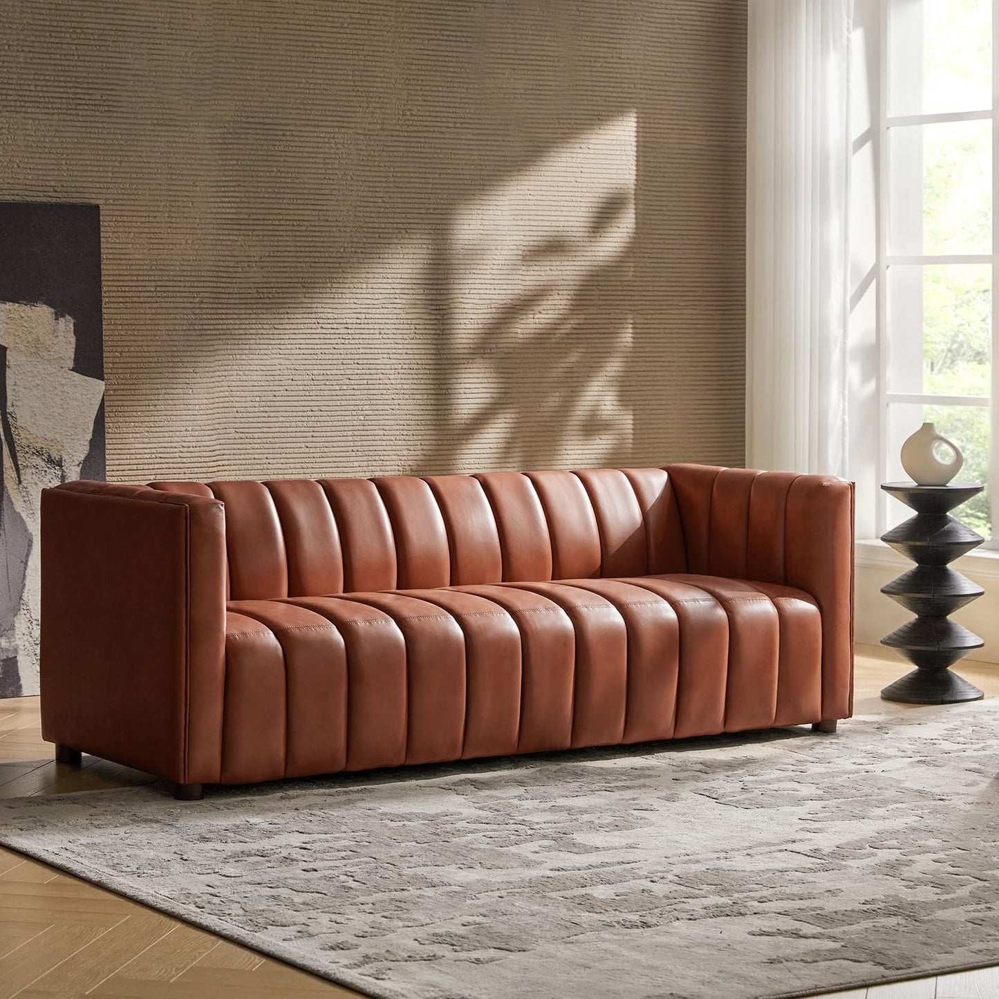 HULALA HOME 83" Genuine Leather Sofa, Sofa Leather for Living Room, 3 Seater Sofa Couch Top Layer Leather Large Sofa Furniture with Channel Tufted Seat Back & Square Arms (Camel)