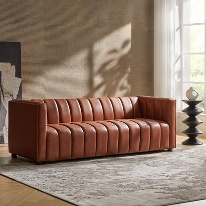 HULALA HOME 83" Genuine Leather Sofa, Sofa Leather for Living Room, 3 Seater Sofa Couch Top Layer Leather Large Sofa Furniture with Channel Tufted Seat Back & Square Arms (Camel)