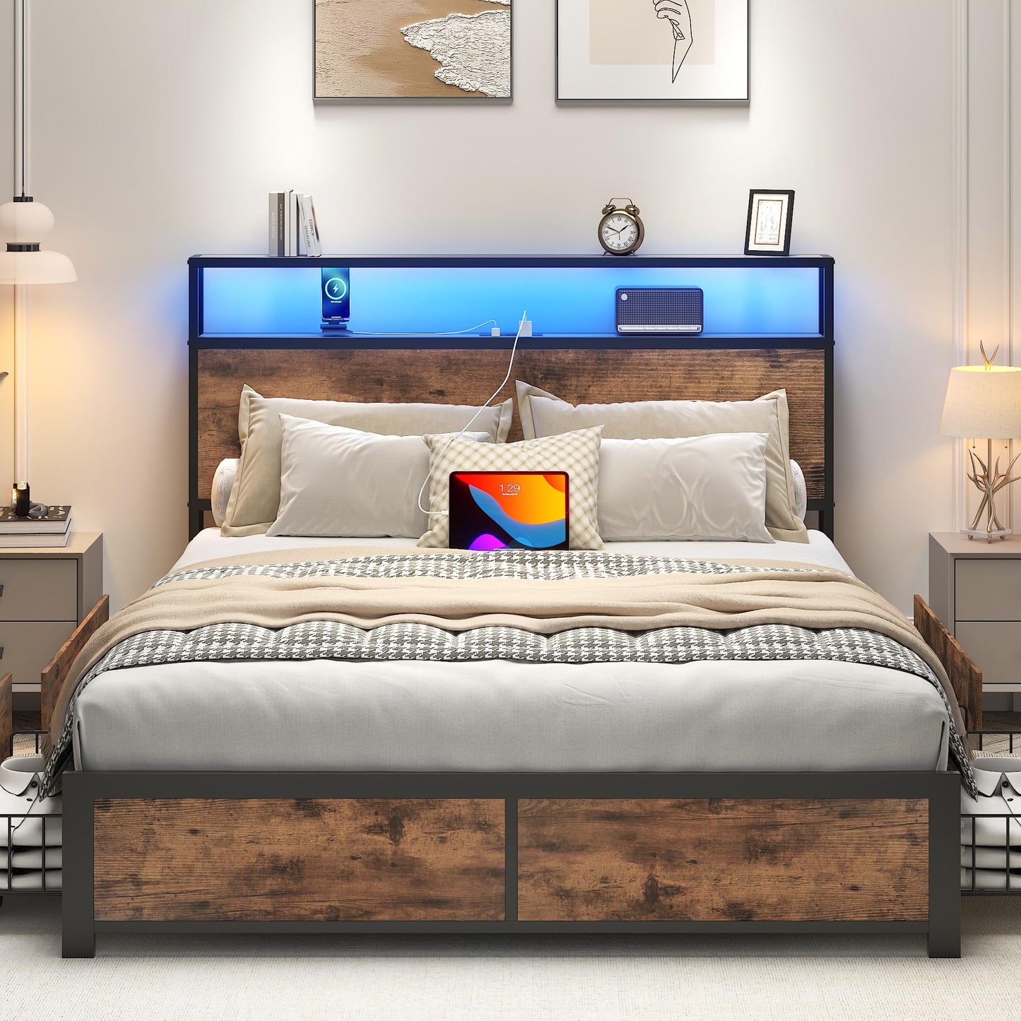 Lifezone Queen Bed Frame with 2-Tier Storage Headboard, Metal Platform Bed Frame with 4 Storage Drawers, Built in Charging Station & LED, Noise-Free/Metal Support/No Box Spring Needed, Vintage Brown