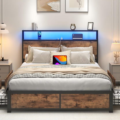 Lifezone Queen Bed Frame with 2-Tier Storage Headboard, Metal Platform Bed Frame with 4 Storage Drawers, Built in Charging Station & LED, Noise-Free/Metal Support/No Box Spring Needed, Vintage Brown