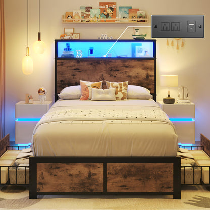 Lifezone Queen Bed Frame with 2-Tier Storage Headboard, Metal Platform Bed Frame with 4 Storage Drawers, Built in Charging Station & LED, Noise-Free/Metal Support/No Box Spring Needed, Vintage Brown