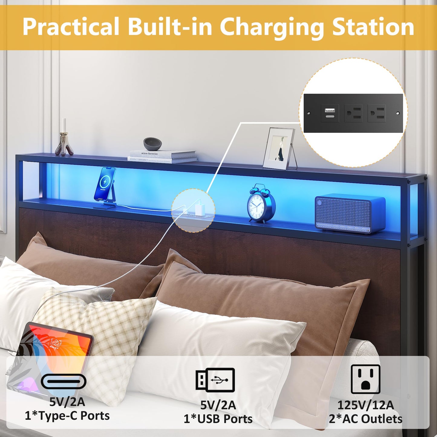 Lifezone Queen Bed Frame with 2-Tier Storage Headboard, Metal Platform Bed Frame with 4 Storage Drawers, Built in Charging Station & LED, Noise-Free/Metal Support/No Box Spring Needed, Vintage Brown
