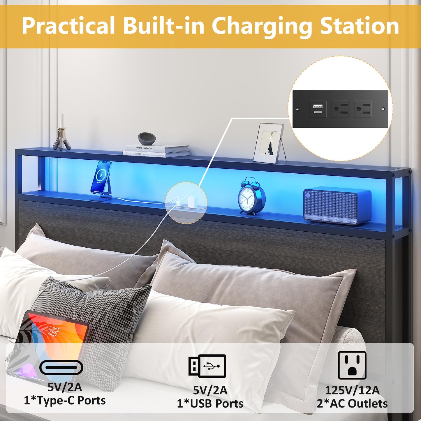 Lifezone Queen Bed Frame with 2-Tier Storage Headboard, Metal Platform Bed Frame with 4 Storage Drawers, Built in Charging Station & LED, Noise-Free/Metal Support/No Box Spring Needed, Vintage Brown