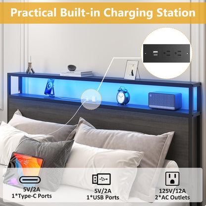 Lifezone Queen Bed Frame with 2-Tier Storage Headboard, Metal Platform Bed Frame with 4 Storage Drawers, Built in Charging Station & LED, Noise-Free/Metal Support/No Box Spring Needed, Vintage Brown