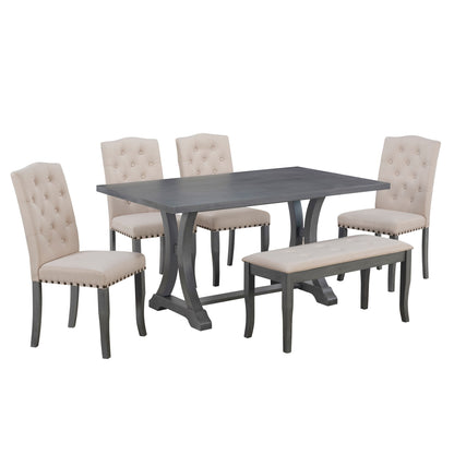 6 Piece Dining Set With Rectangular Trestle Table And 4 Upholstered Chairs And Bench - Antique Gray