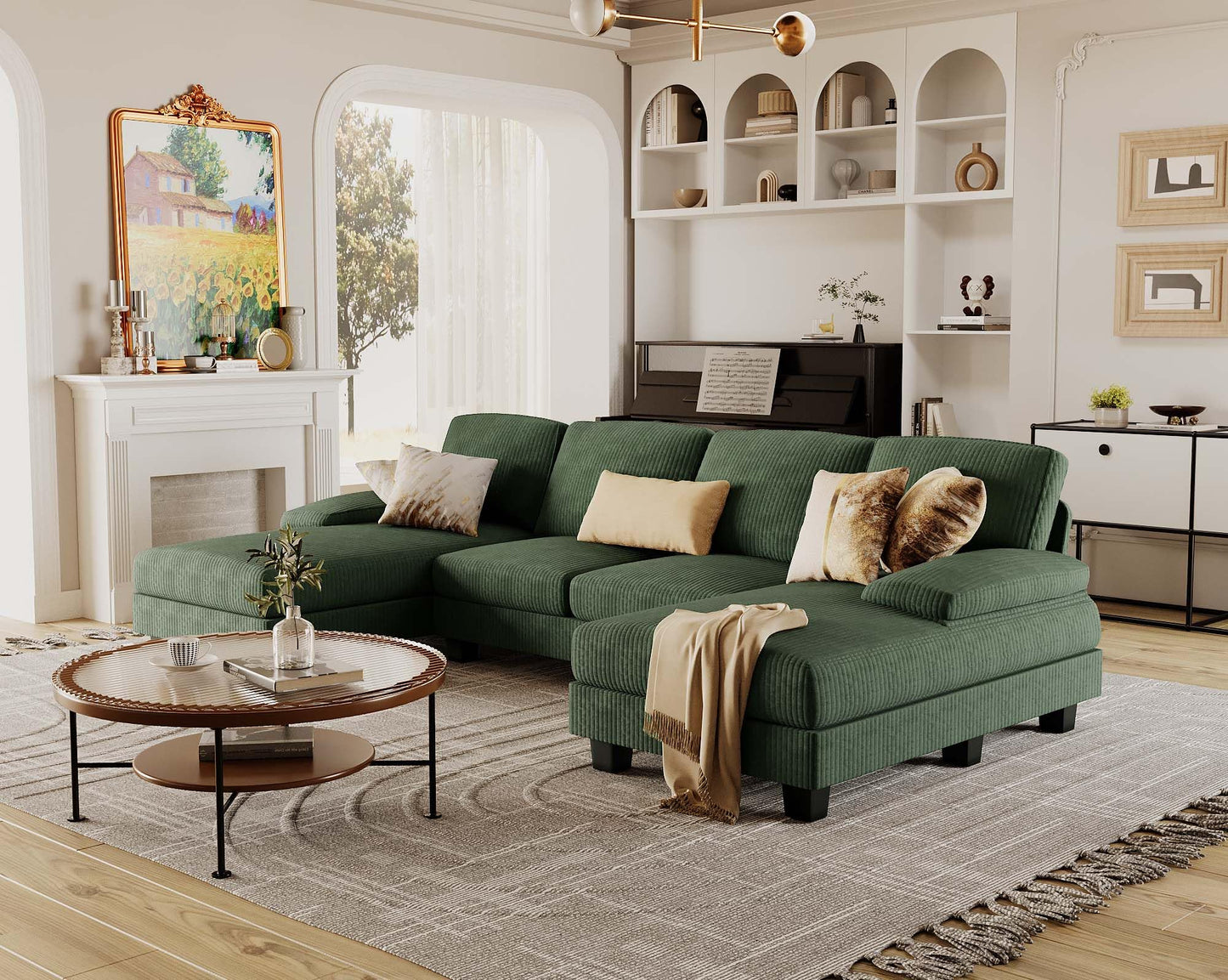 Furmax Sectional Couches for Living Room, U-Shaped Sofa Couch with Linen Fabric, 4 Seat Sofa Set with Double Chaise for Apartment (Fabric, Grey)