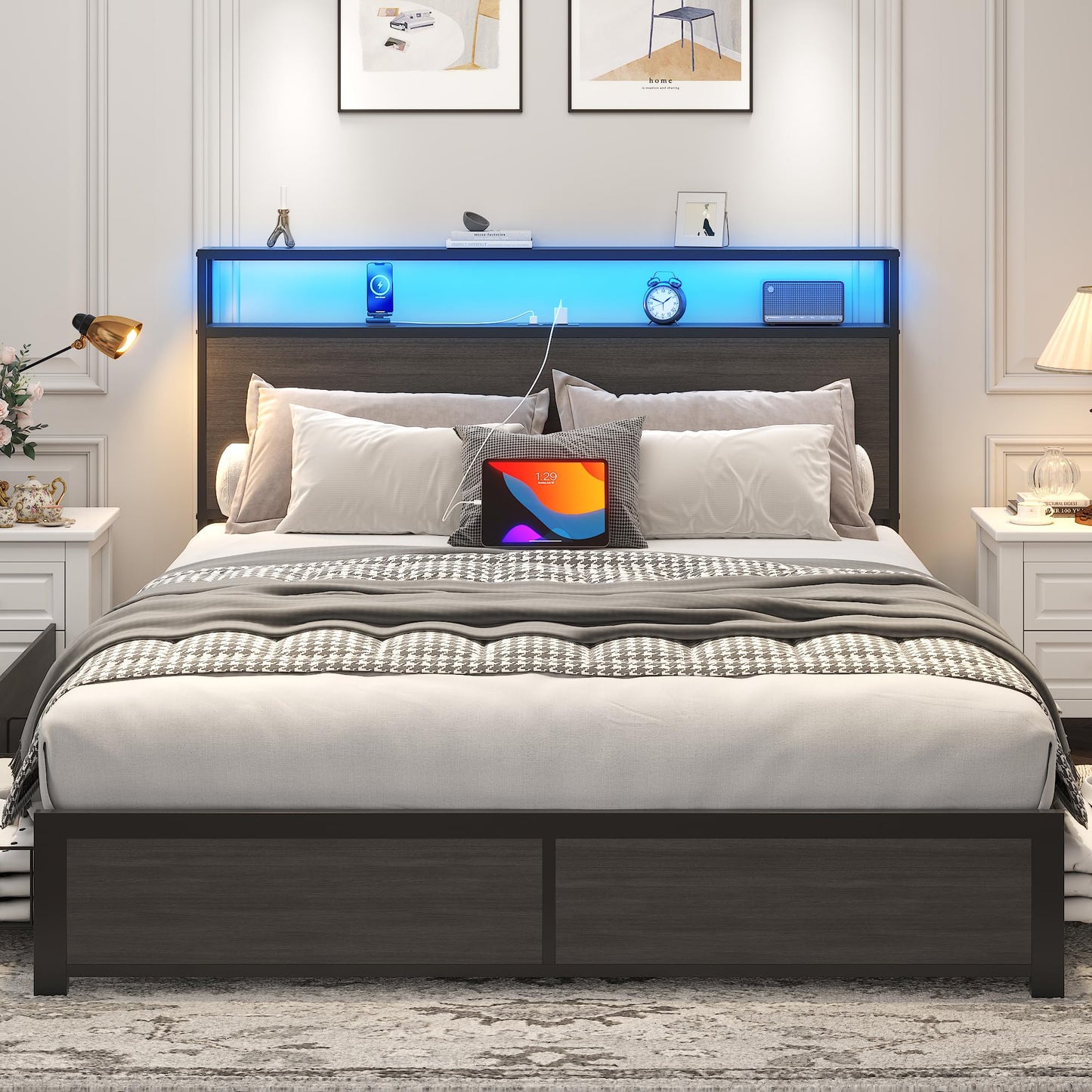 Lifezone Queen Bed Frame with 2-Tier Storage Headboard, Metal Platform Bed Frame with 4 Storage Drawers, Built in Charging Station & LED, Noise-Free/Metal Support/No Box Spring Needed, Vintage Brown