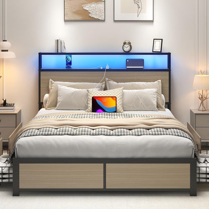 Lifezone Queen Bed Frame with 2-Tier Storage Headboard, Metal Platform Bed Frame with 4 Storage Drawers, Built in Charging Station & LED, Noise-Free/Metal Support/No Box Spring Needed, Vintage Brown