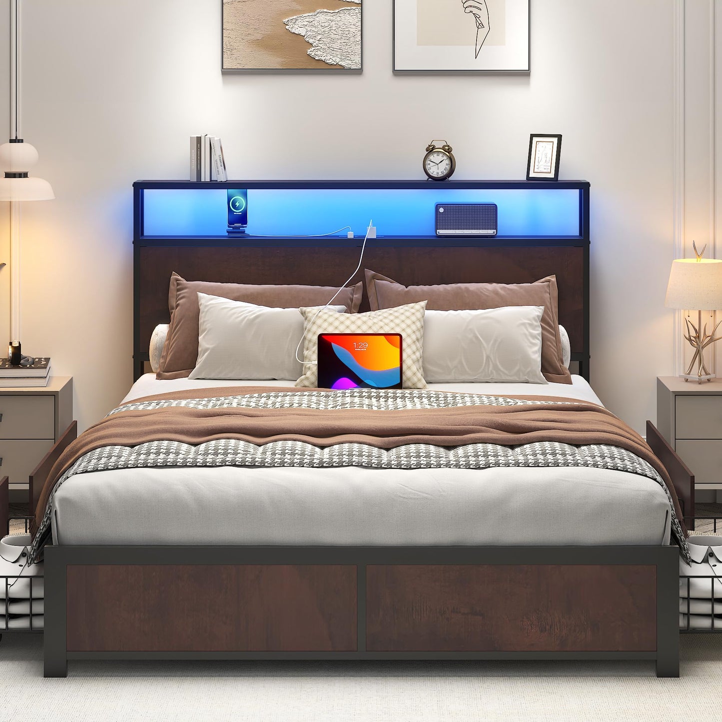 Lifezone Queen Bed Frame with 2-Tier Storage Headboard, Metal Platform Bed Frame with 4 Storage Drawers, Built in Charging Station & LED, Noise-Free/Metal Support/No Box Spring Needed, Vintage Brown