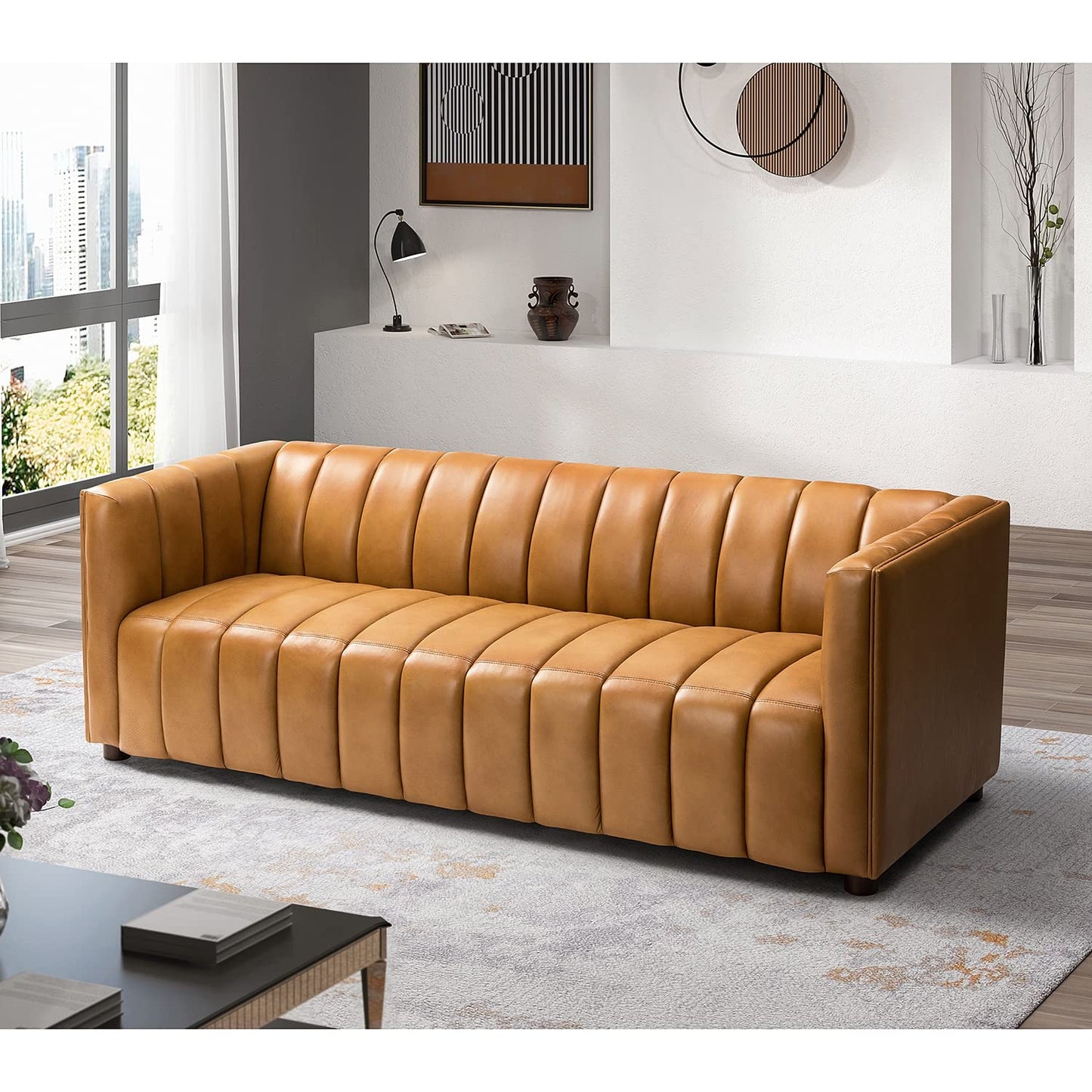 HULALA HOME 83" Genuine Leather Sofa, Sofa Leather for Living Room, 3 Seater Sofa Couch Top Layer Leather Large Sofa Furniture with Channel Tufted Seat Back & Square Arms (Camel)