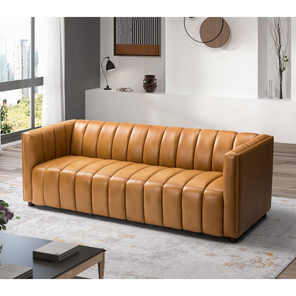 HULALA HOME 83" Genuine Leather Sofa, Sofa Leather for Living Room, 3 Seater Sofa Couch Top Layer Leather Large Sofa Furniture with Channel Tufted Seat Back & Square Arms (Camel)