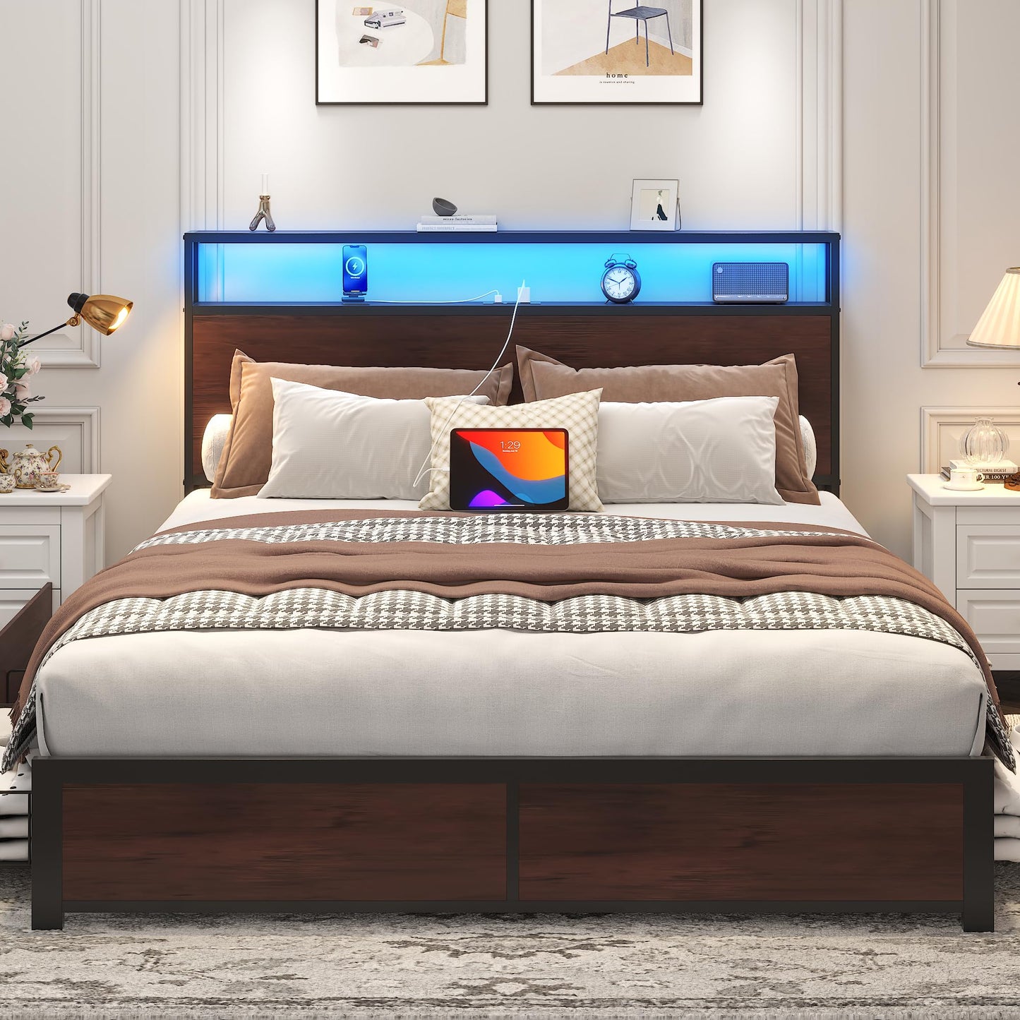 Lifezone Queen Bed Frame with 2-Tier Storage Headboard, Metal Platform Bed Frame with 4 Storage Drawers, Built in Charging Station & LED, Noise-Free/Metal Support/No Box Spring Needed, Vintage Brown
