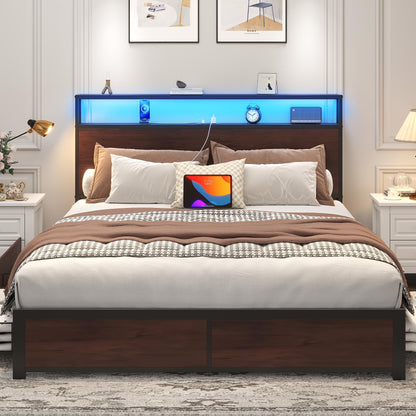 Lifezone Queen Bed Frame with 2-Tier Storage Headboard, Metal Platform Bed Frame with 4 Storage Drawers, Built in Charging Station & LED, Noise-Free/Metal Support/No Box Spring Needed, Vintage Brown