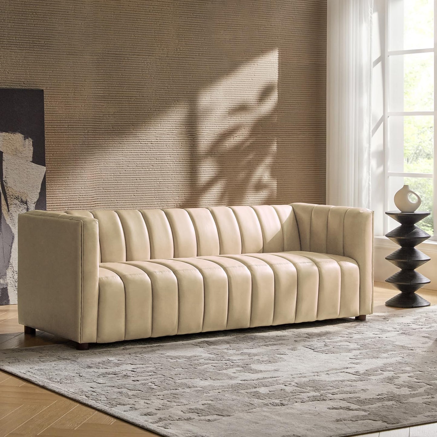HULALA HOME 83" Genuine Leather Sofa, Sofa Leather for Living Room, 3 Seater Sofa Couch Top Layer Leather Large Sofa Furniture with Channel Tufted Seat Back & Square Arms (Camel)