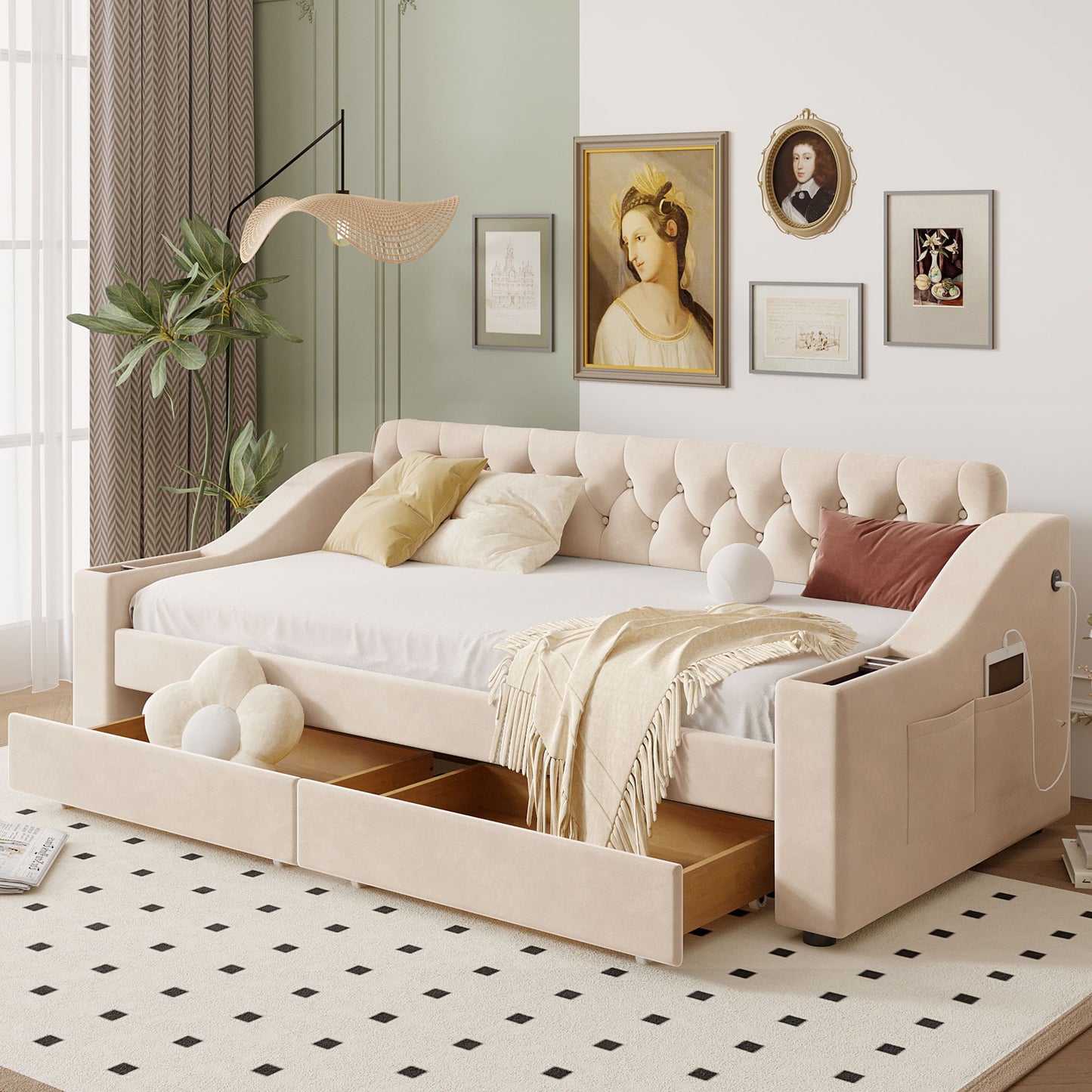 Upholstered Daybed With Storage Armrests And USB Port