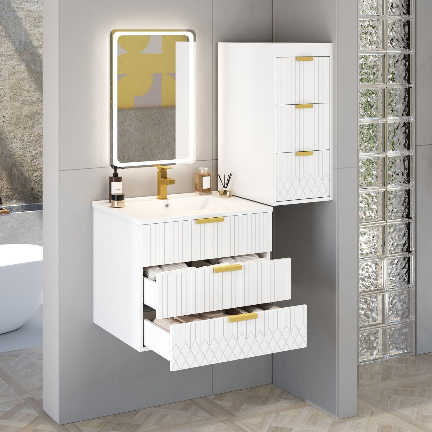 Wall Mounted Floating Cabinet With Side Cabinet Combo, Rectangular Ceramic Sink Vanity