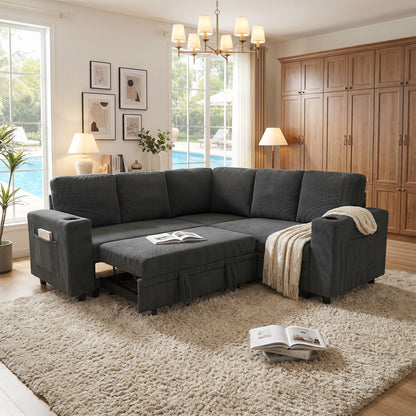 Upholstered L - Shape Sectional Sofa Bed With Pull Out Sleeper And Storage