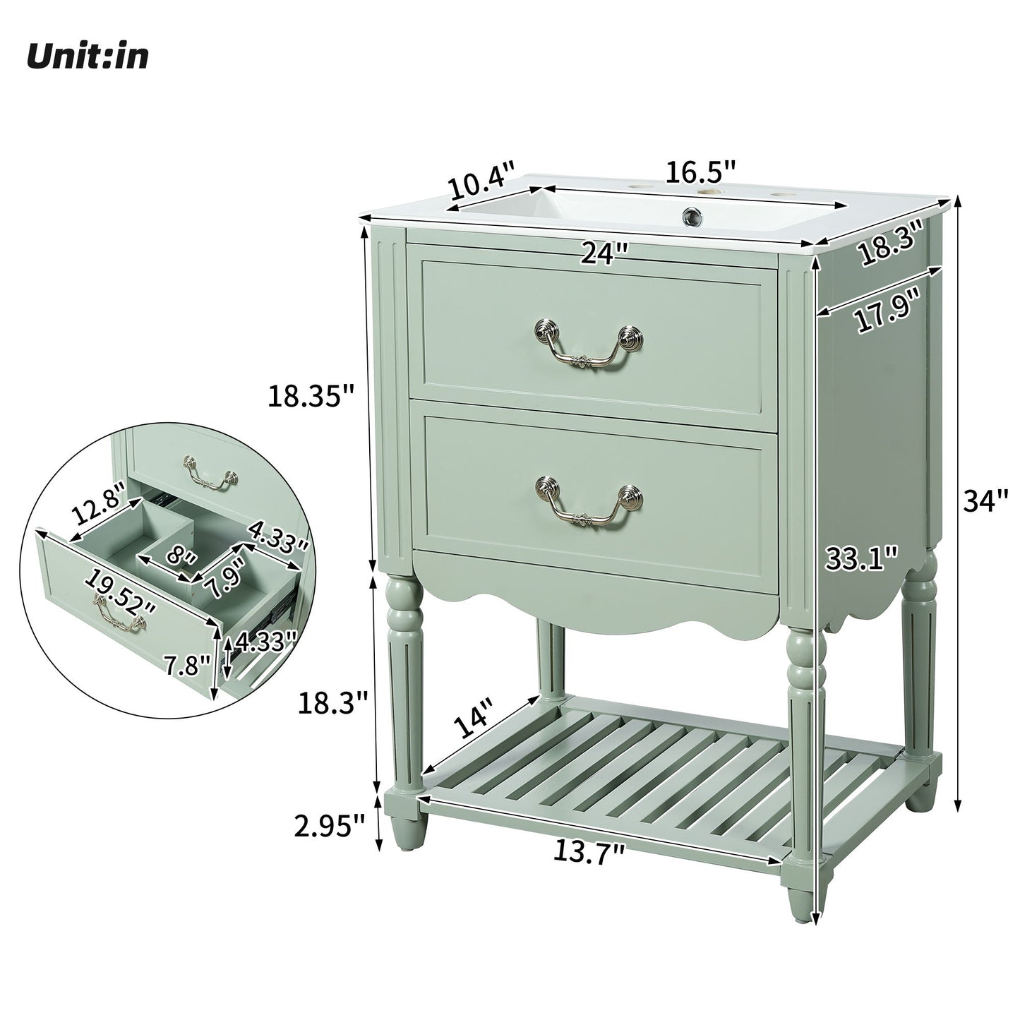 Wave Design Bathroom Vanity With Sink, 2 Drawers And Open Shelf