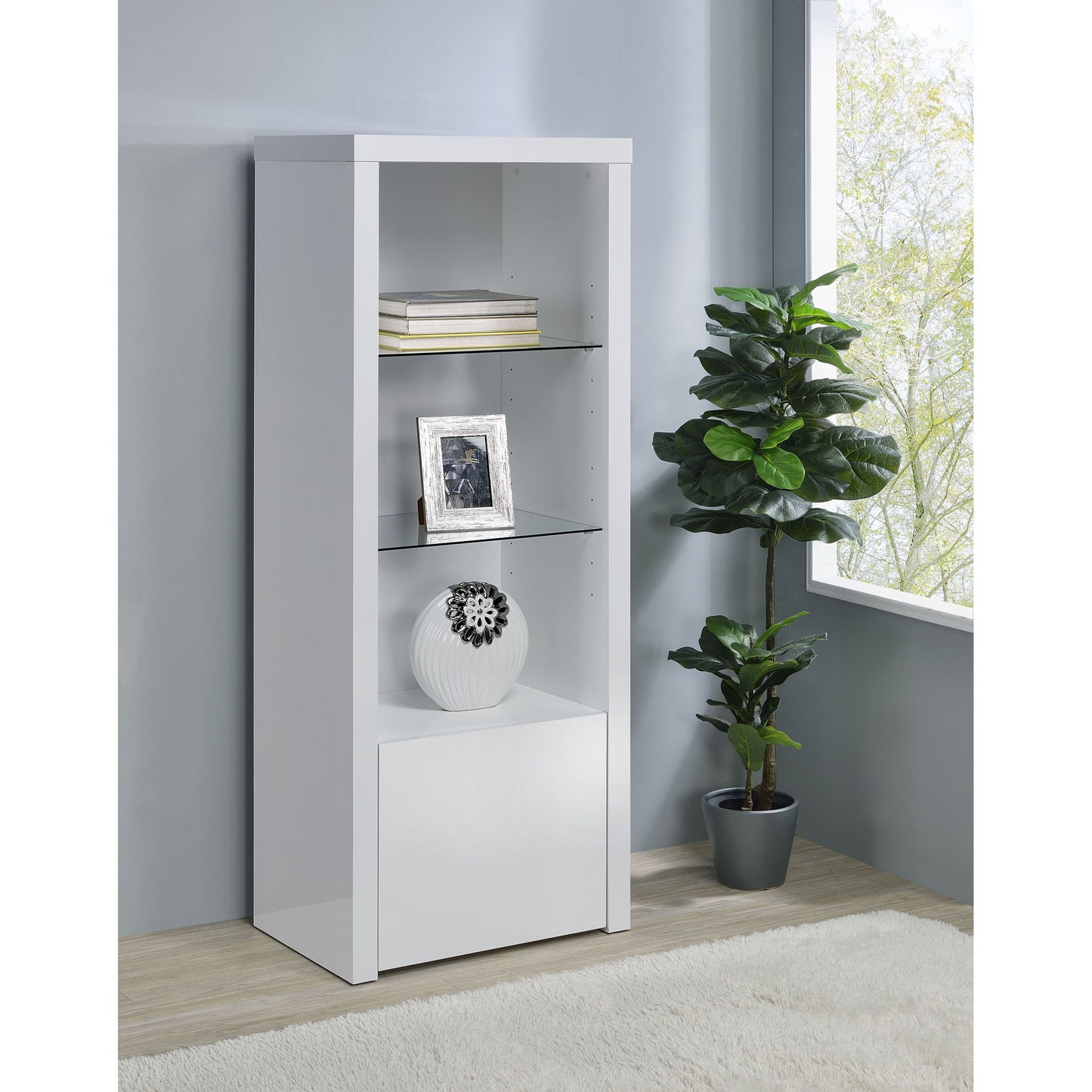 Lance - 3 Shelf Media Tower With Shelves And Hidden Cabinet - Gloss White