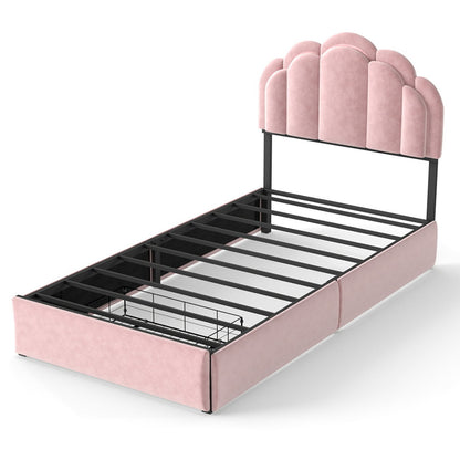 Twin Petal Platform Bed With RGB LED Lights & Storage Drawers, - Pink