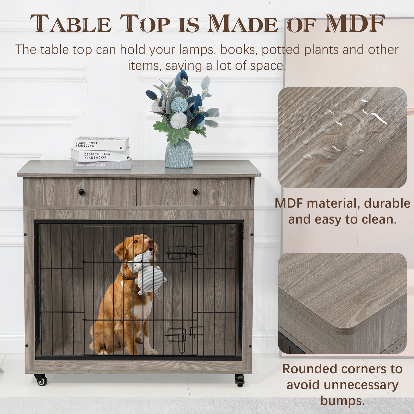 Dog Crate Furniture, Wooden Dog Crate End Table, 38.4" Dog Kennel With 2 Drawers Storage, Heavy Duty Dog Crate, Decorative Pet Crate Dog Cage For Large Indoor Use