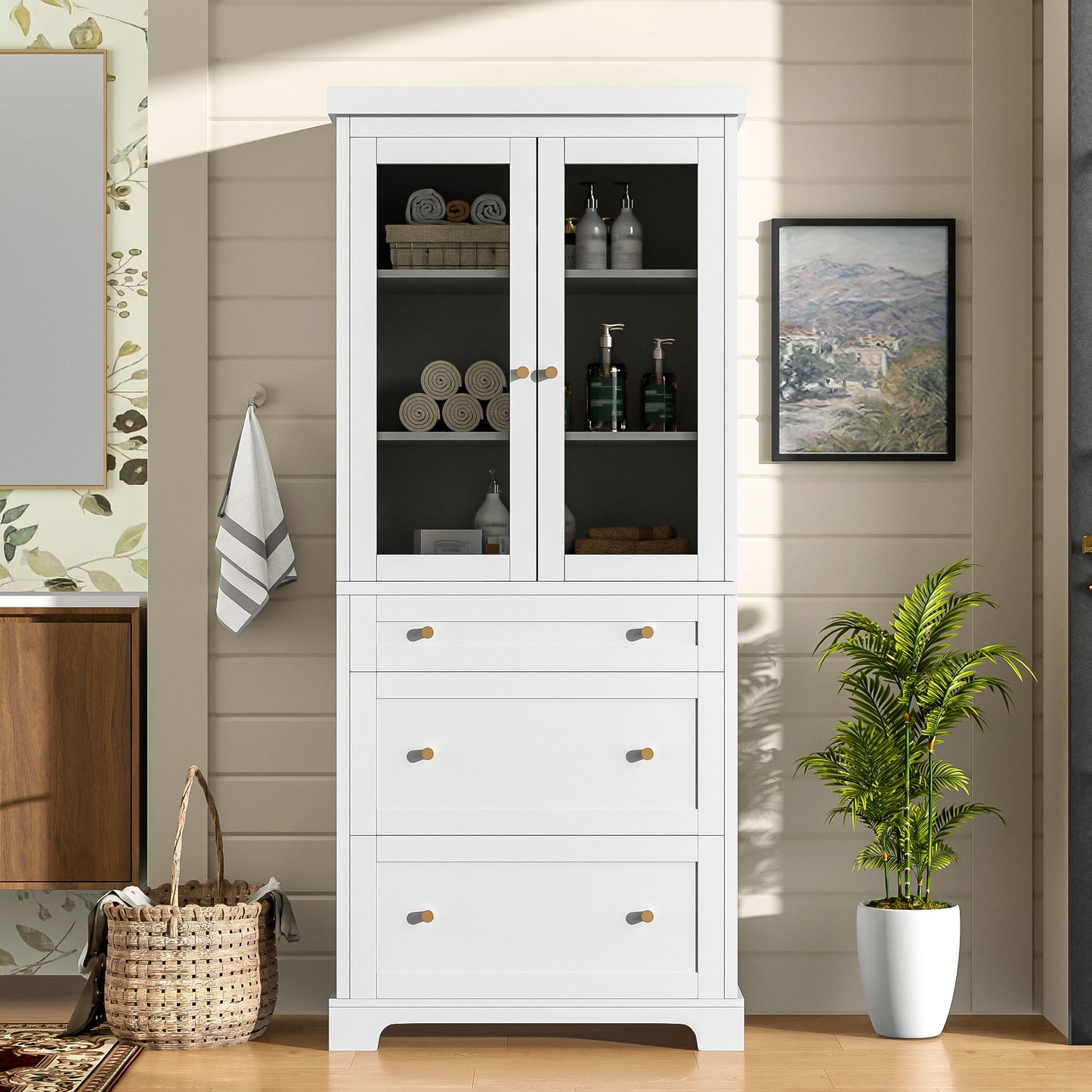 Freestanding Tall Bathroom Cabinet With Adjustable Shelves, Drawers, Soft Close Glass Doors