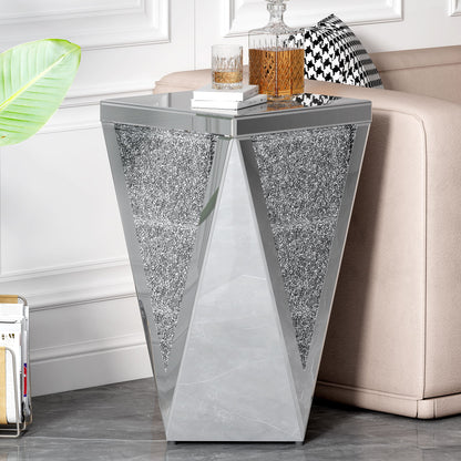 Square Mirrored End Table, Modern Side Table With Crushed Diamond For Living Room - Silver