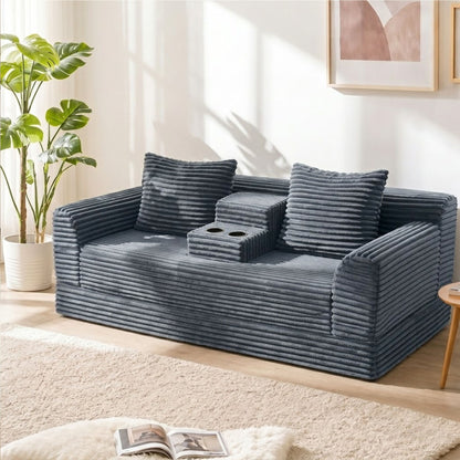 Soft Striped Convertible Sofa Bed, Dual Use Lounge Couch With Cup Holders And Pillows