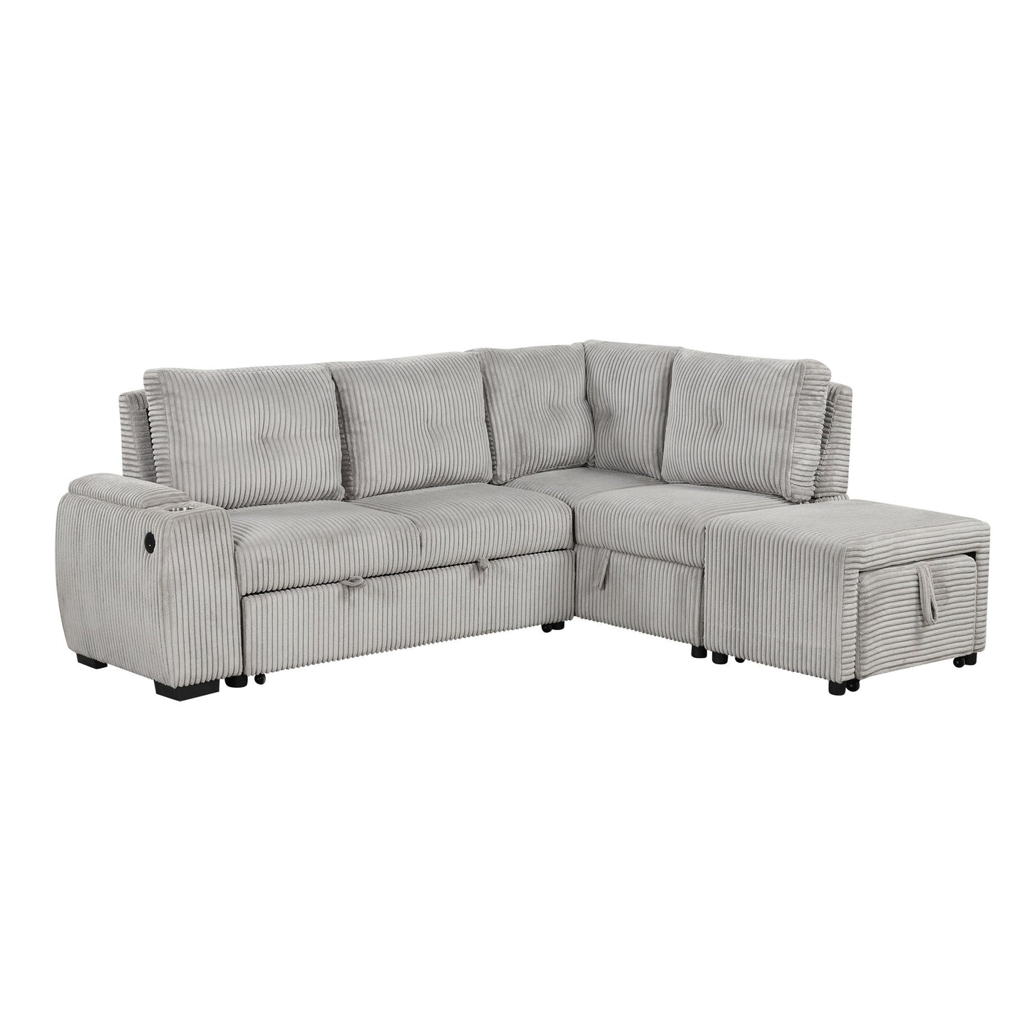 Pull-Out L-Shaped Sectional Sofa With Movable Ottoman And Stool, Large Storage Space, A Cup Holder, And 2 USB Ports For Living Room