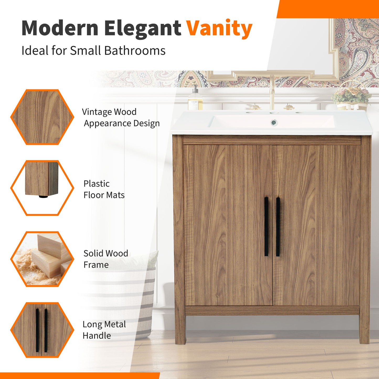 Bathroom Vanity With Single Sink, Combination Under Counter Sink, Bathroom Storage Cabinet With Soft Closing Door, Multi-Function Storage, Solid Wood Frame - Light Brown