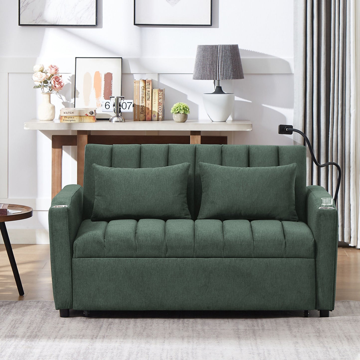 Convertible Sofa Bed Loveseat Sofa With Three USB Ports, Two Side Pockets, Two Cup Holders And 360° swivel Phone Holder For Living Room