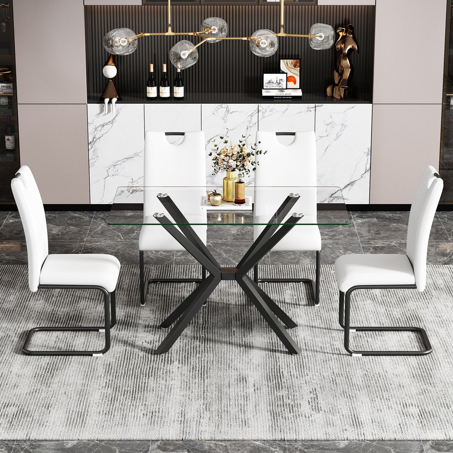 Rectangular Clear Tempered Glass Dining Table, Stylish Design With Plated Metal Legs