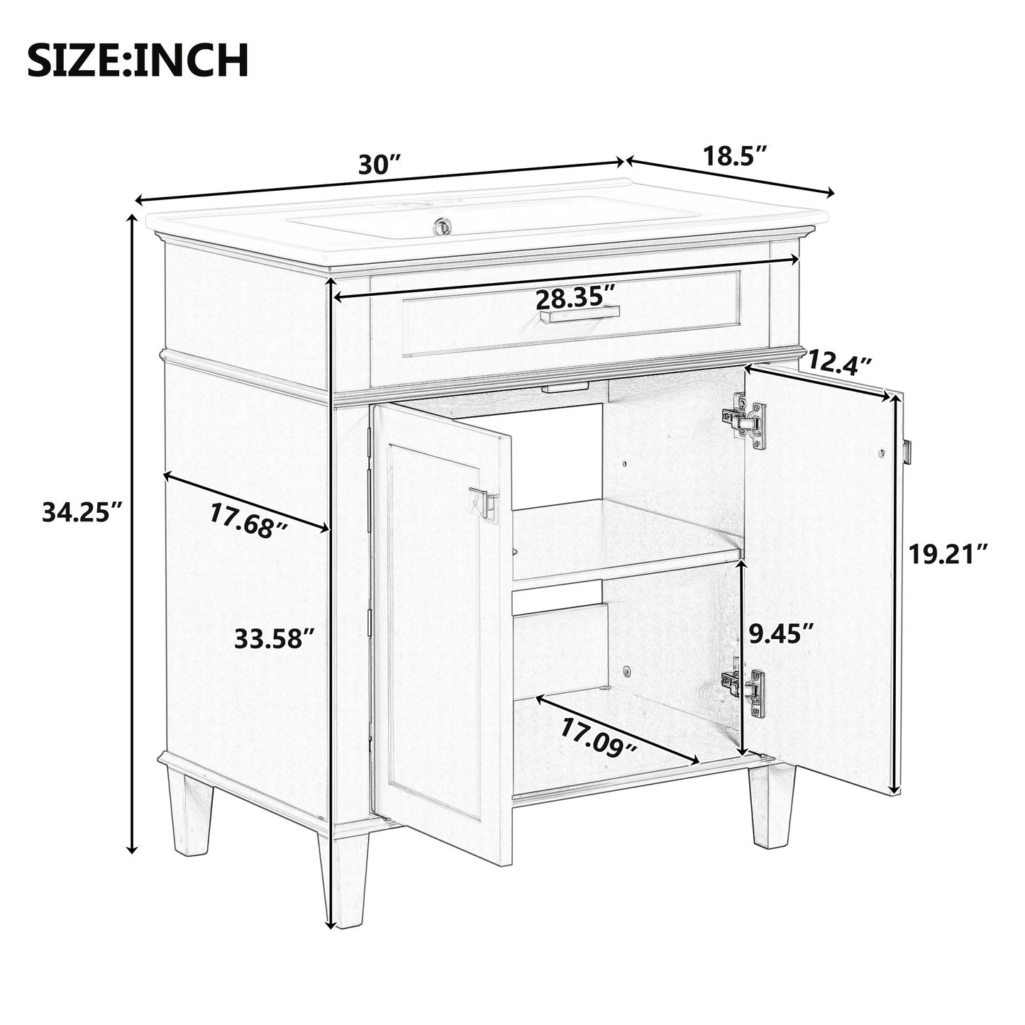 Bathroom Vanity With Ceramic Basin, Soft Close Door And Adjustable Shelves