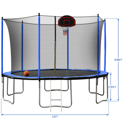 15Ft Trampoline With Basketball Hoop Inflator And Ladder (Inner Safety Enclosure)