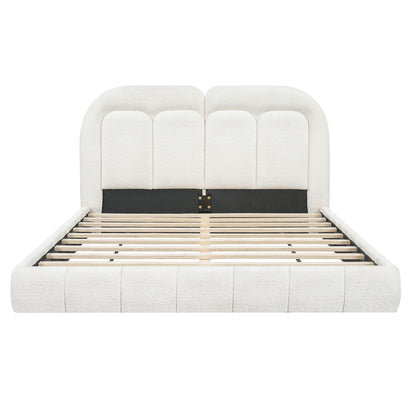 Queen Size Upholstered Platform Bed With Tufted Headboard - White