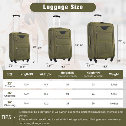 Softside Luggage Expandable 3 Piece Set Upright Spinner Lightweight Travel Suitcase 22" / 26" / 30" - Army Green