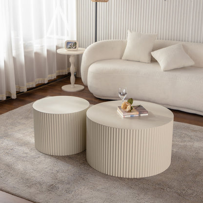 Drum Nesting Coffee Table With Wave Stripe Design For Living Room (Set of 2) - Beige / White