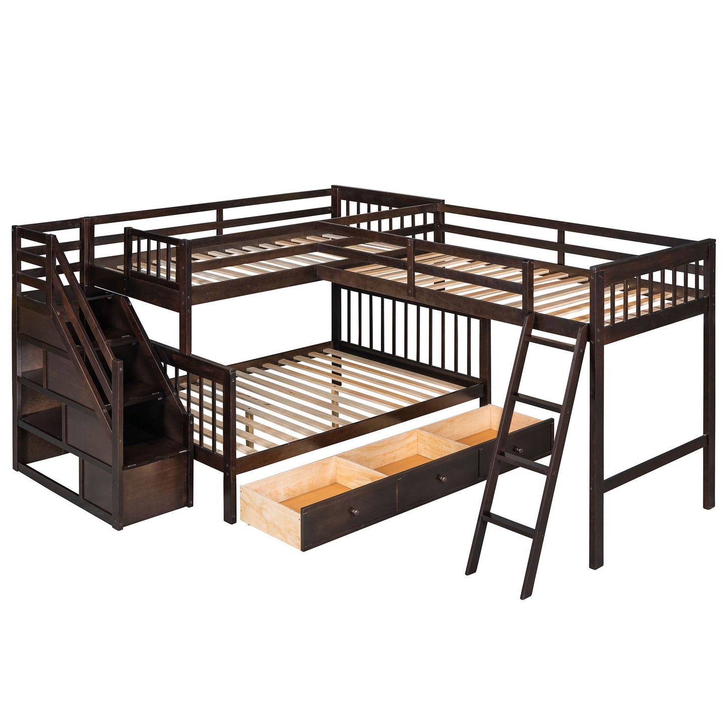 Solid L Shaped Bunk Bed With 3 Drawers, Ladder And Staircase