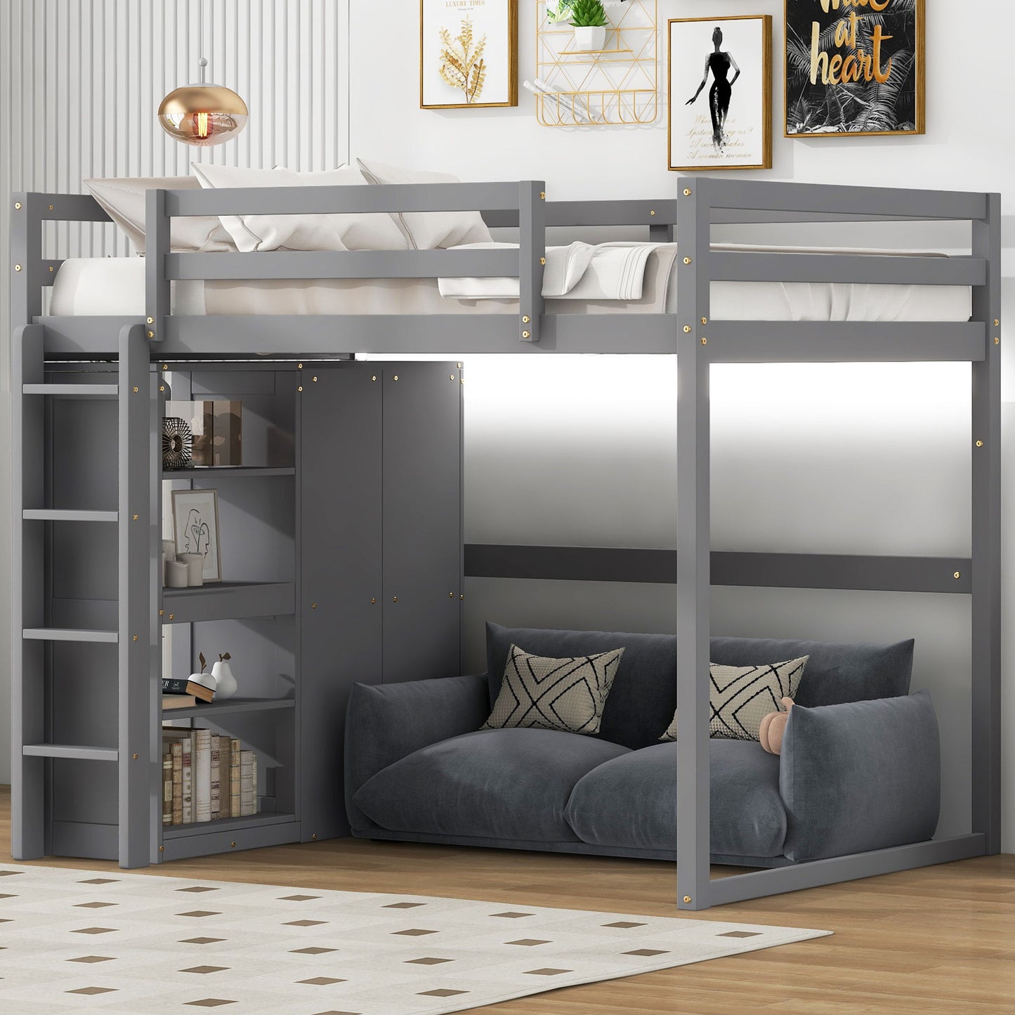 Loft Bed With Built In Wardrobe, Storage Shelves, And LED Light
