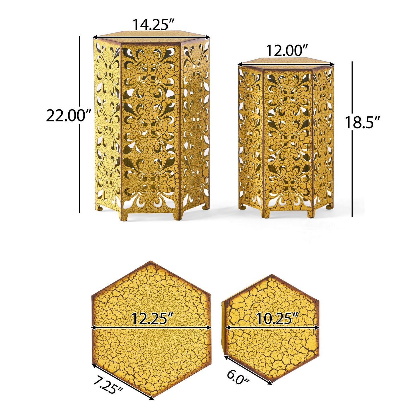 Outdoor Hexagonal Accent Table Set With Charming Fleur De Lis Panel Sides - Antique Yellow