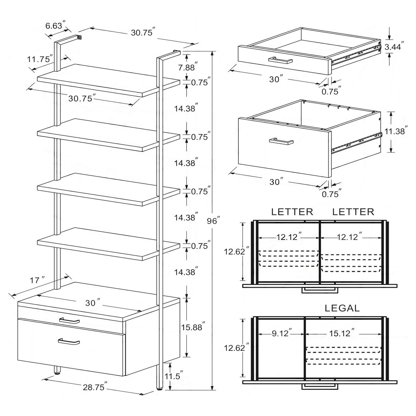 Wendell - 4 Shelf Storage Wall Bookshelf - Walnut
