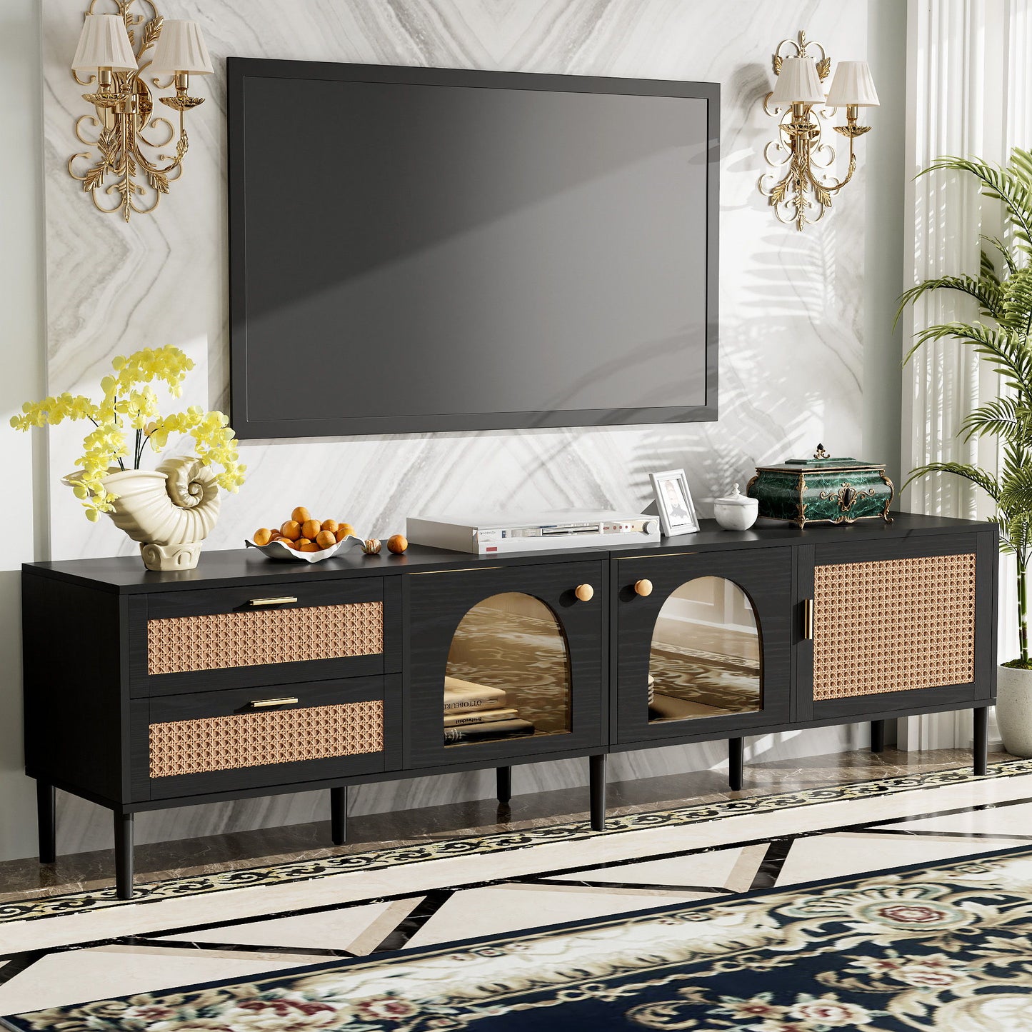 Rattan TV Stand With 3 Cabinets & 2 Drawers, Rattan-Inspired Media Console Table For Tvs Up To 80'', LED Light Entertainment Center, TV Cabinet For Living Room - Black